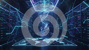 Futuristic Digital Network with World Map and Virtual Data Stream